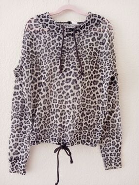 90s Vintage Leopard Print Mesh Hoodie Top In Black and White